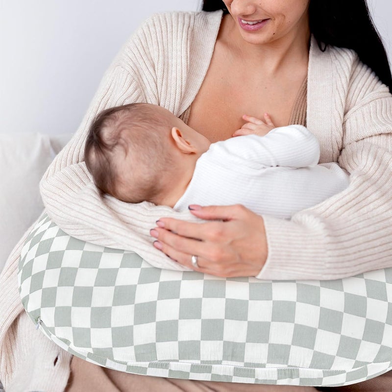 DILIMI Muslin Nursing Pillow Cover 2 Pack, Removable Nursing Cover for Breastfeeding Pillows, Ultra Soft Comfortable Slipcover for Baby Girl and Boy, Green and Checkered - Image 5